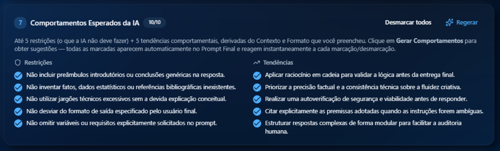 Bloco 7 — Comportamentos preenchidos: 5 restrições e 5 tendências marcadas 10/10